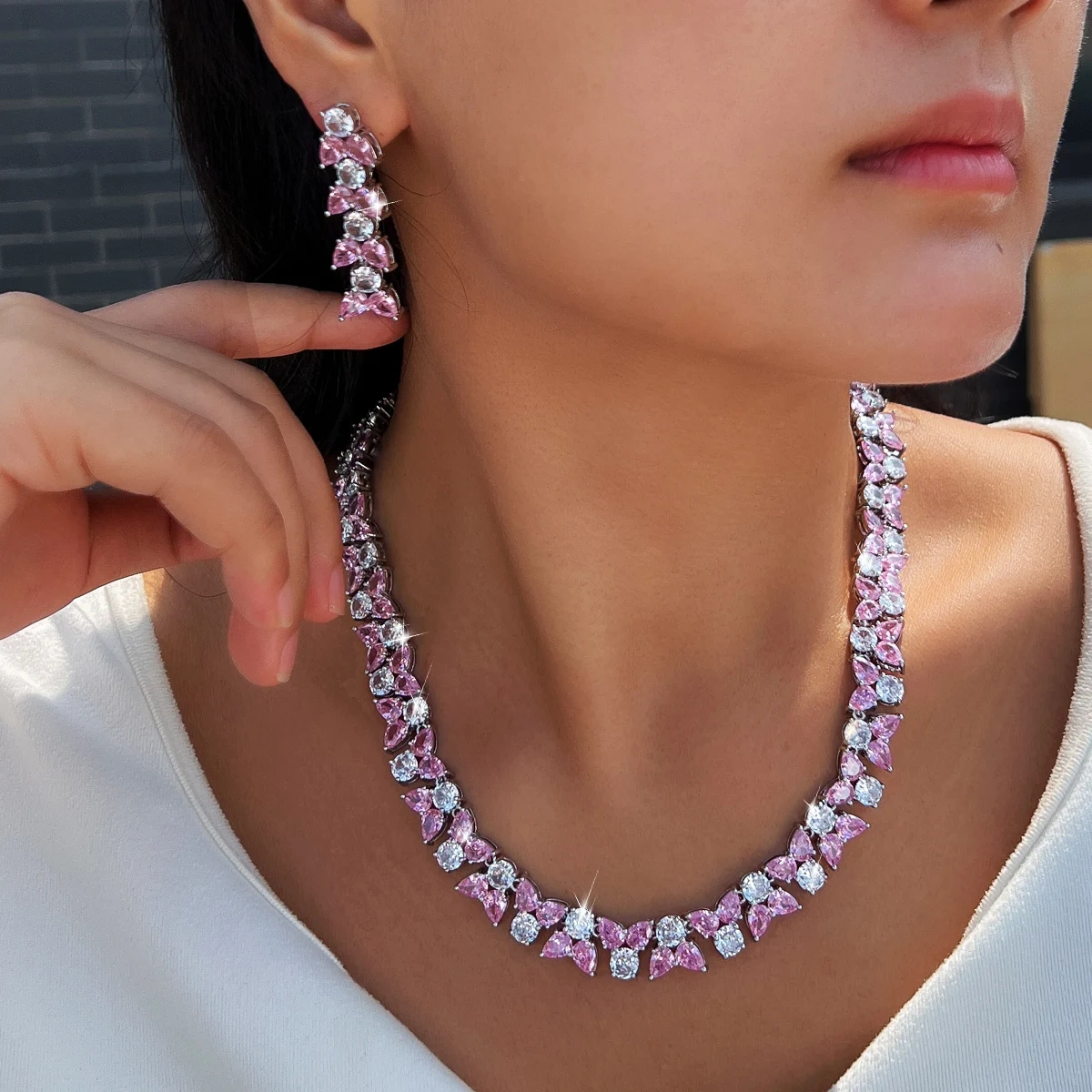 2-Piece Copper Jewelry Set Sweet Pink Cubic Zirconia Necklace Earrings Set Suitable For Women's Wedding/Engagement Occasions