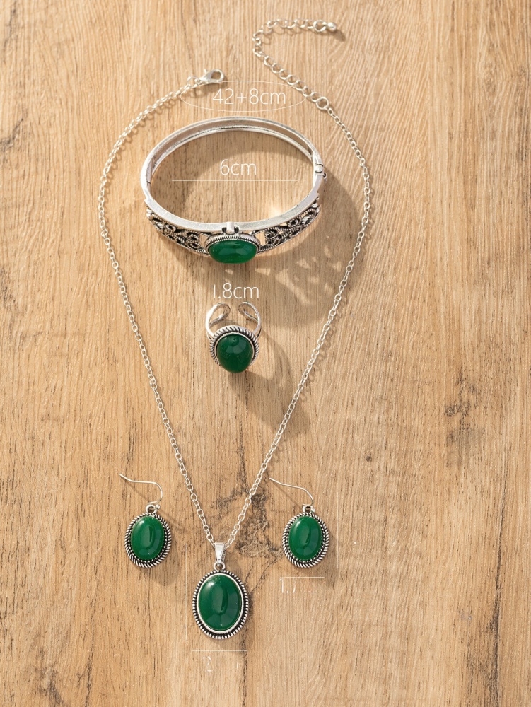 Luxury European And American Natural Gemstone Emerald Jewelry Set Necklace Earrings Ring Bracelet Vintage Alloy Women's Accessories