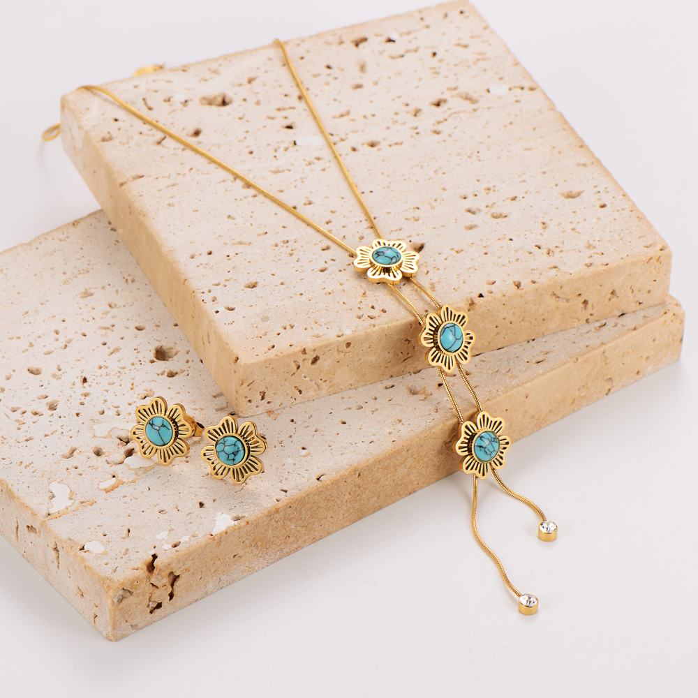 AML Retro Niche Diamond-Studded Ethnic Style Stainless Steel Flower Turquoise Necklace And Earring Set For Women, Light Luxury Elegant Versatile Accessories