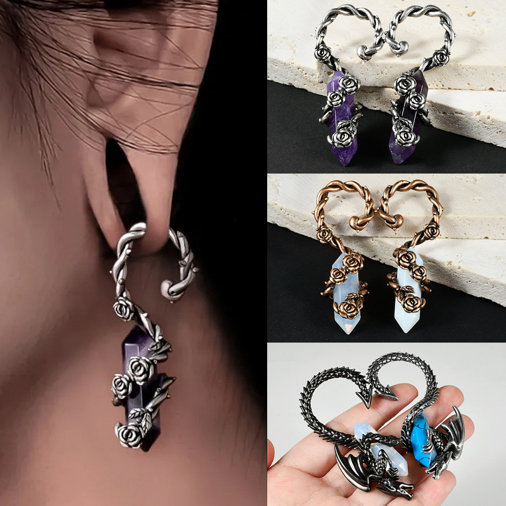 Antique Silver Rose Flower Ear Cuff Winged Dragon Blue Turquoise Dangling Earrings Pierced Copper Ear Jewelry Accessories