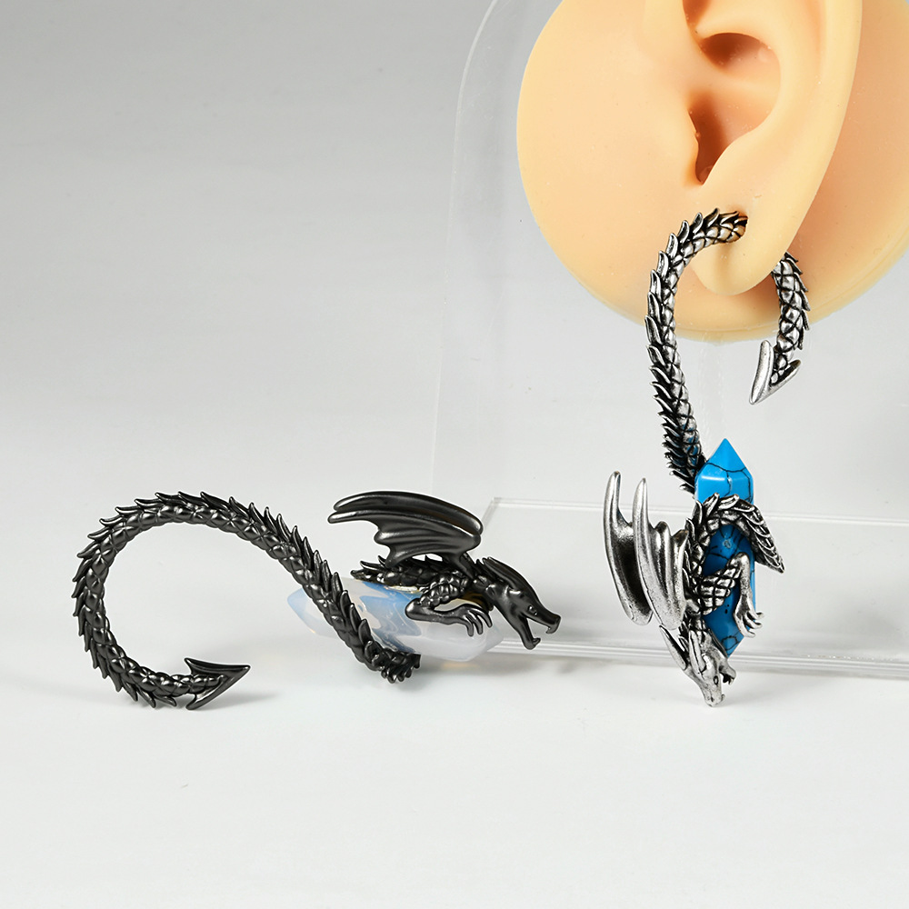 Antique Silver Rose Flower Ear Cuff Winged Dragon Blue Turquoise Dangling Earrings Pierced Copper Ear Jewelry Accessories