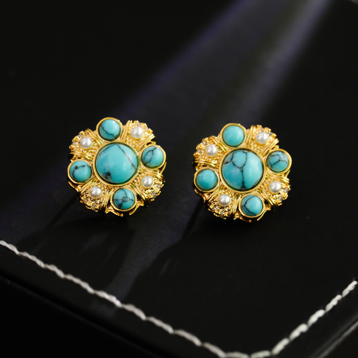 Elegant Vintage Style Pearl Fake Turquoise Stud Earrings Fashionable Geometric Pattern Copper Material 925 Silver Post For Women