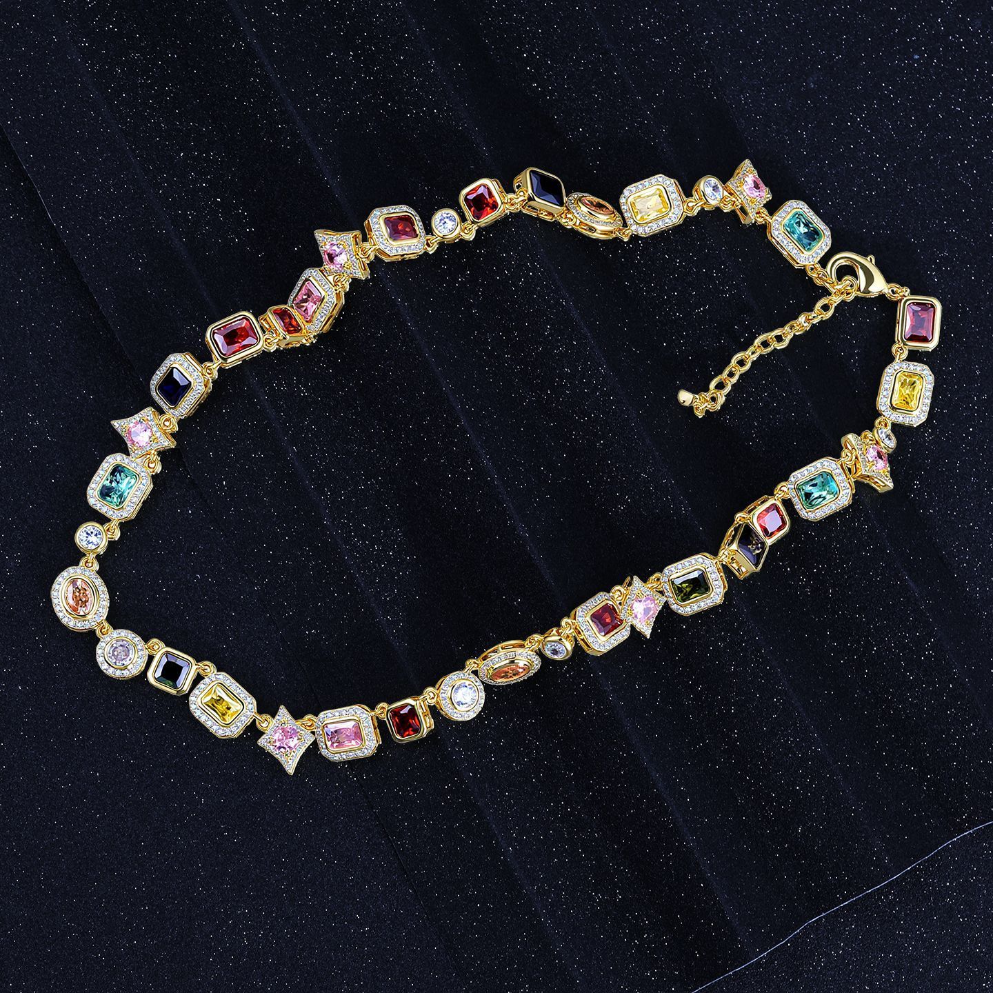 Colorful Gemstone Geometric Adjustable Women's Luxury Necklace Jewelry Hip Hop Dopamine Fashion Ins Diamond Embedded Light