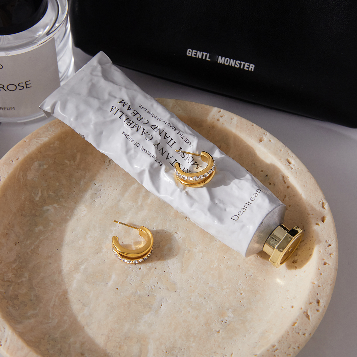 Women's Classic Style 18K Gold Stainless Steel + Zircon White Zircon Double Layer Hollow C Hoop Earrings Pair