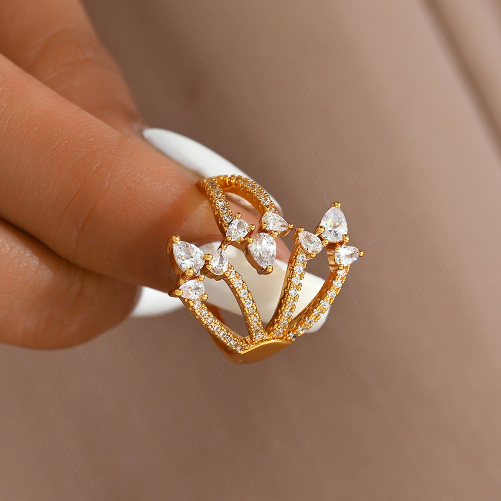 1 Piece Copper Inlaid Zircon Luxurious Gorgeous Palace Style Crown Shape Women's Ring Banquet Party Jewelry Accessories Adult Open