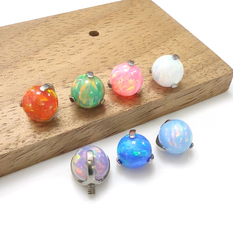 F136 Titanium Opal Ball Ear Studs Three Prong Set Round Ball Piercing Jewelry Accessories Tongue Rings Unisex Wedding Birthday