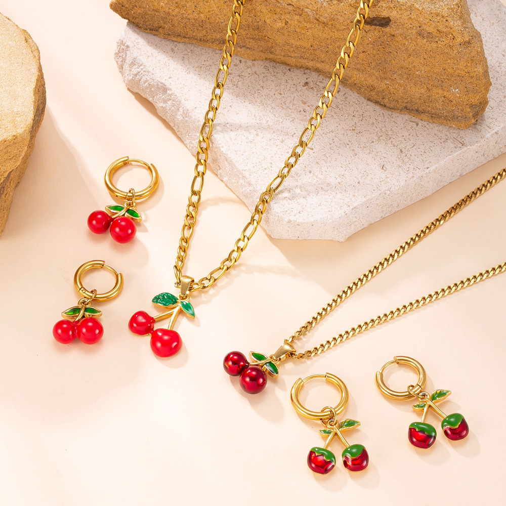 Stainless Steel Necklace And Earrings Set Red Oil Cherry Design 18K Gold Plated Titanium Metal Jewelry Accessories
