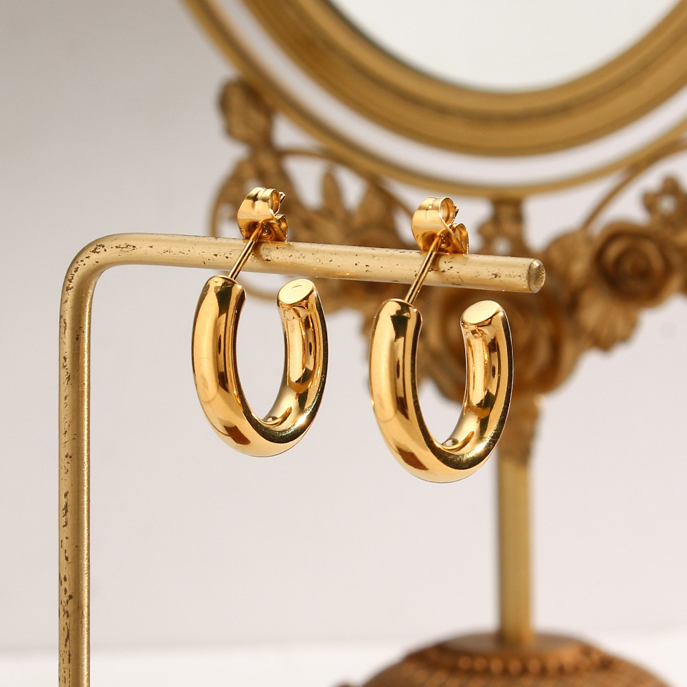 PVD Coated Real Gold Plated 18K Gold C Shape 304 Stainless Steel Fashion Waterproof Non Tarnish Earrings