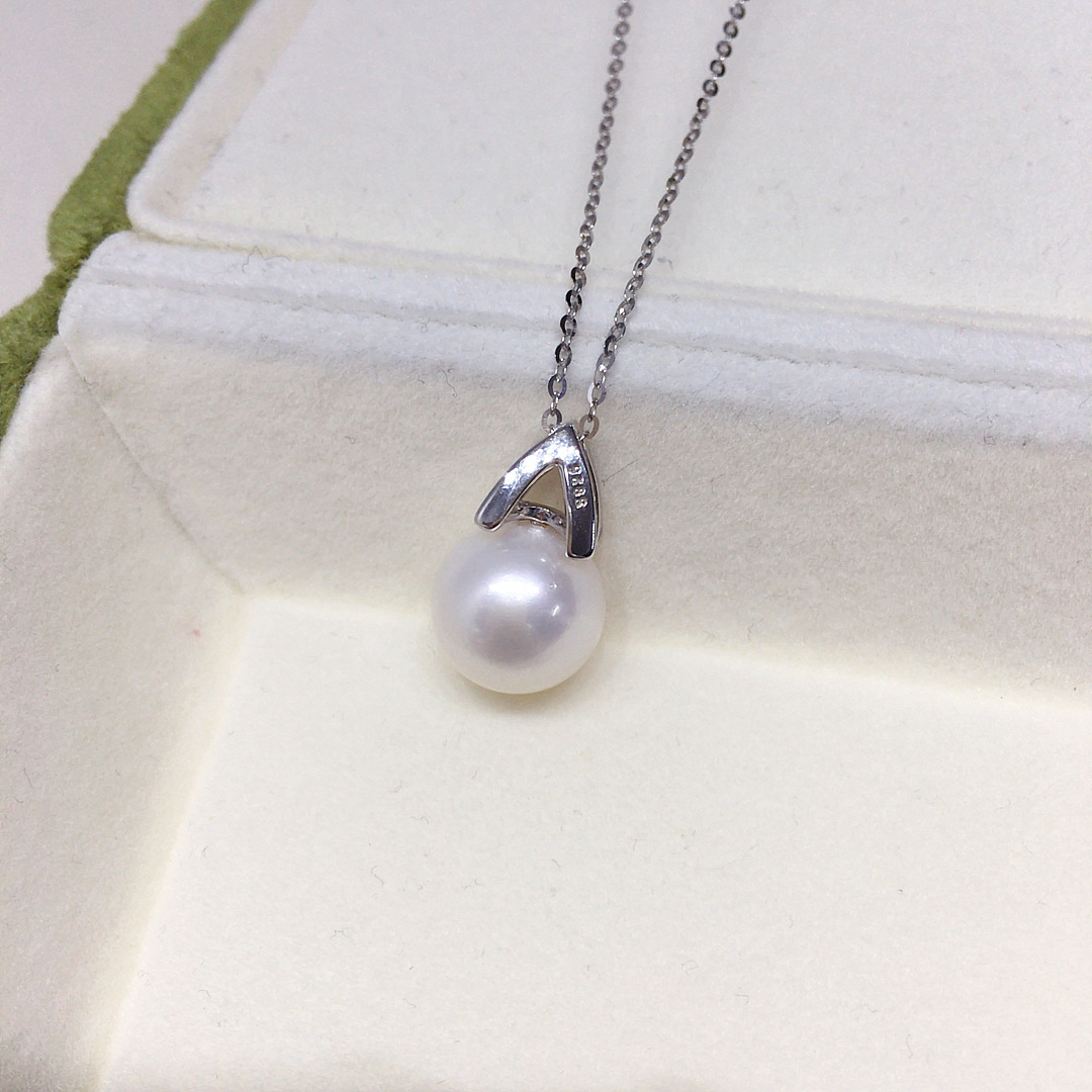 Natural Freshwater Pearl Necklace Single Bead Perfect Round Aurora Pearl Pendant S925 Sterling Silver Clavicle Chain Women's Style White