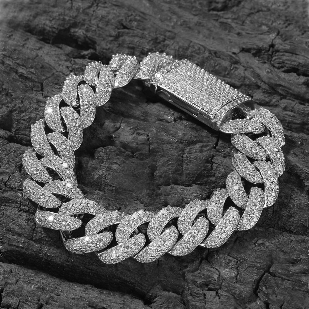 Men's Hip-Hop Bracelet High-End Texture Copper Inlaid Zirconia Gold-Plated Geometric Pattern Silver 18mm Cuban Chain Jewelry Box Clasp Personality
