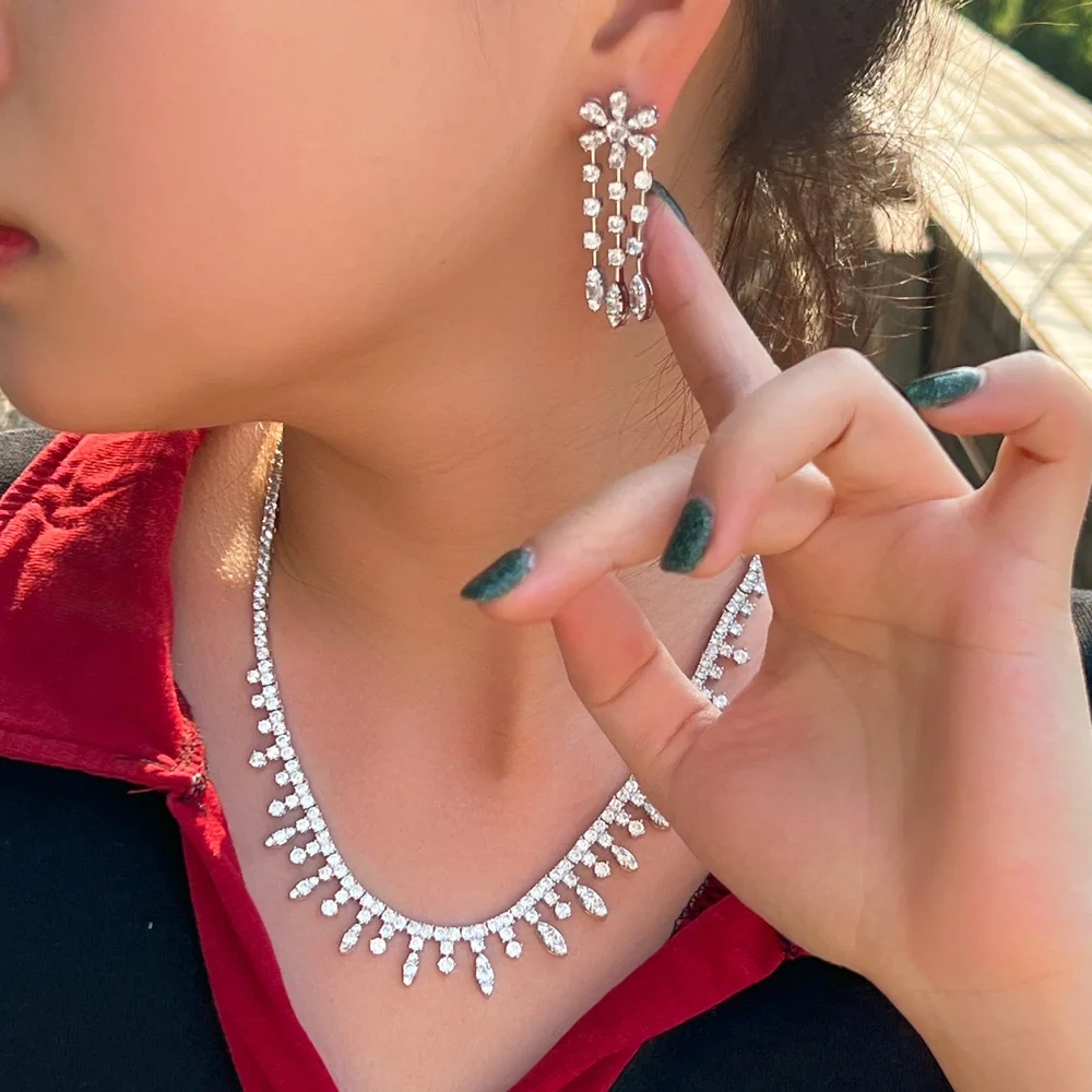Water Drop Flower Shape White Plated Gold Copper Zircon (Jewelry) Waterproof Non-Fading Safety Buckle Tennis Chain (Full Diamond Chain) Necklace Earring Set Women Two-Piece Set