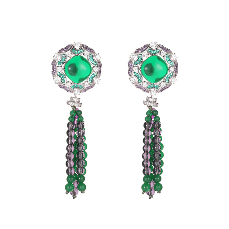Retro Chinese Style Tassel Earrings 18K Gold Plated Emerald Handmade Beaded Fashion Personality Women's Jewelry Accessories