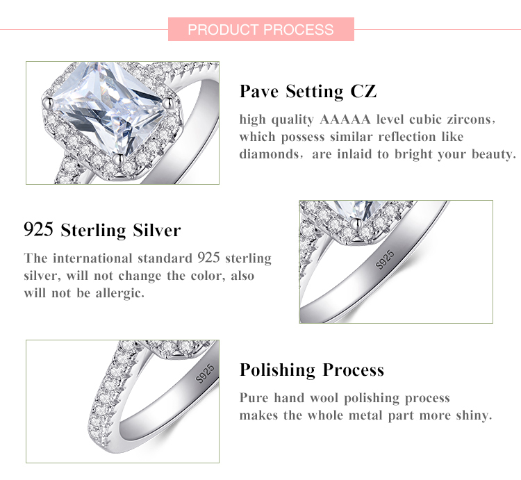 Wedding Engagement 925 Sterling Silver Women'S Zircon Silver Rhodium Plated Rectangle Rings