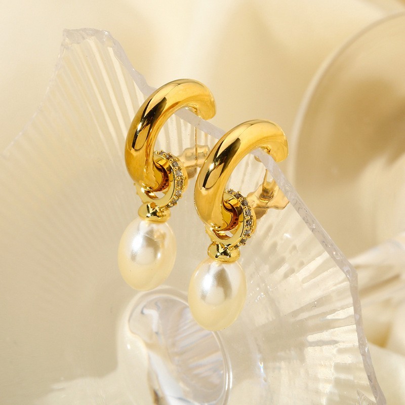 Elegant Waterproof Stainless Steel Pearl Tassel Earrings With Embedded Zirconia Stones 18K Gold Plated Geometric Pattern Women's Jewelry Accessories