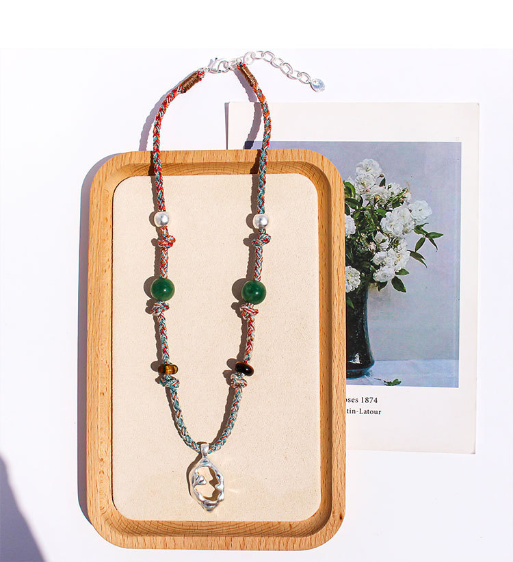 Handmade Colorful Beaded Natural Stone Necklace Liquid Silver Pendant Tiger Eye Stone Bracelet For Ladies Beach Vacation Style Accessories