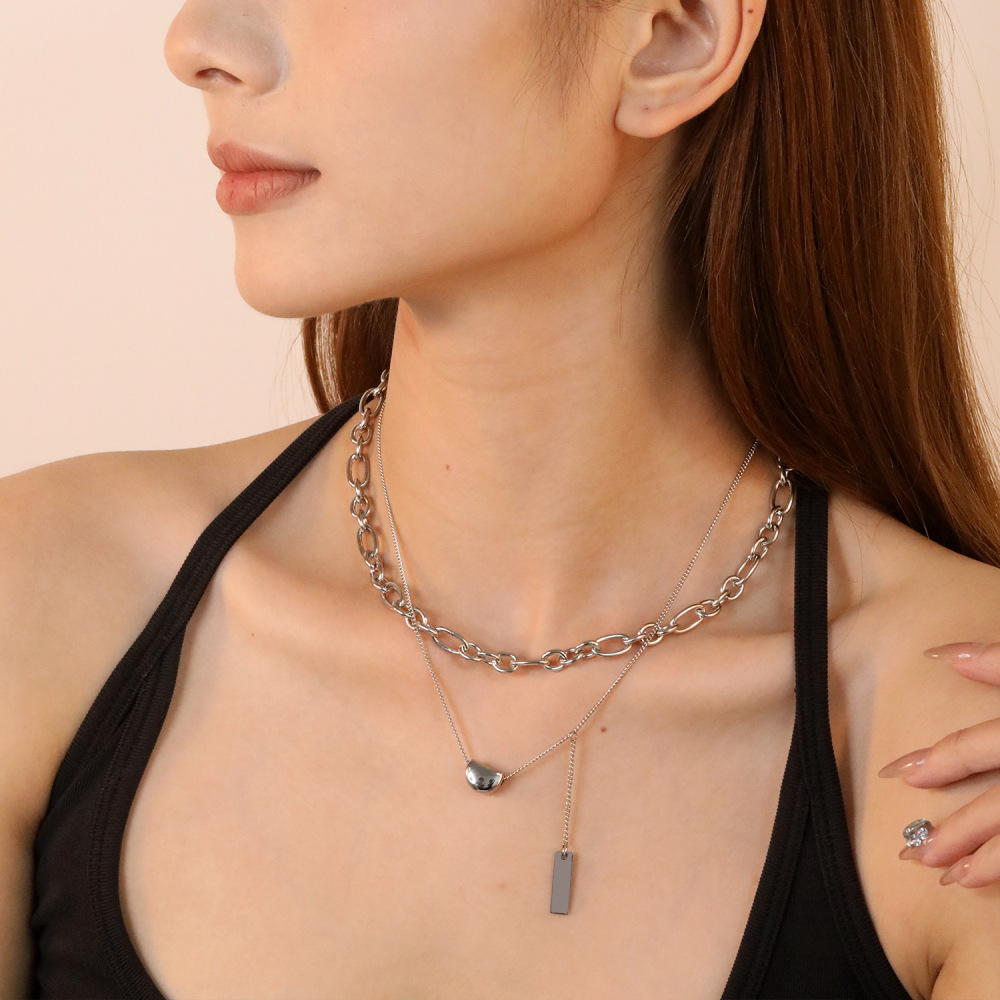 Double Chain Necklace For Women Stainless Steel Bean Shape Versatile 18K Gold Plated Geometric Pattern Ins Style Jewelry Accessories