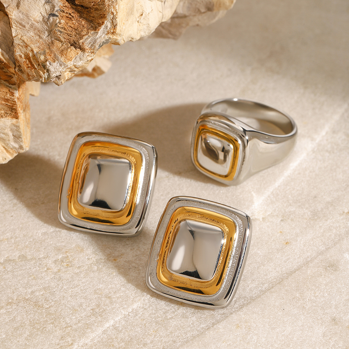304 Stainless Steel Square PVD Coated 18K Real Gold Plated Vintage Style Classic Style Mixed Metal Rings Earrings