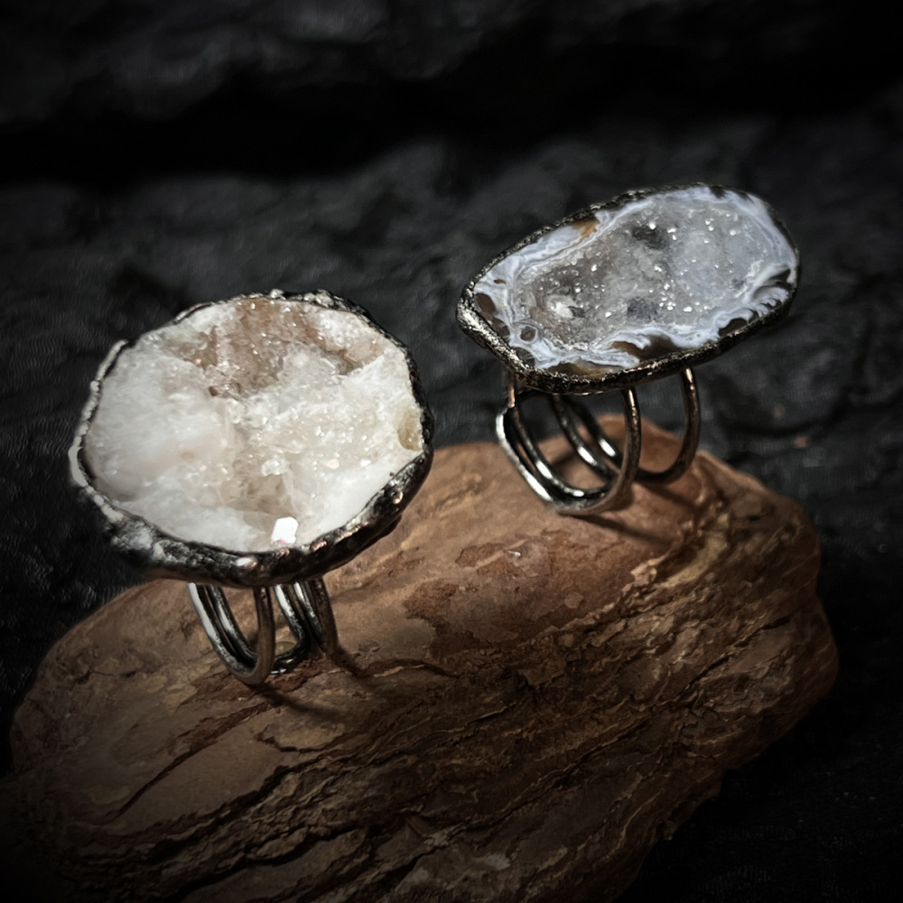 Retro Handmade Adjustable Silver Gold Plated Agate Crystal Ring Open Geometric Unisex Wide Band Jewelry Accessories