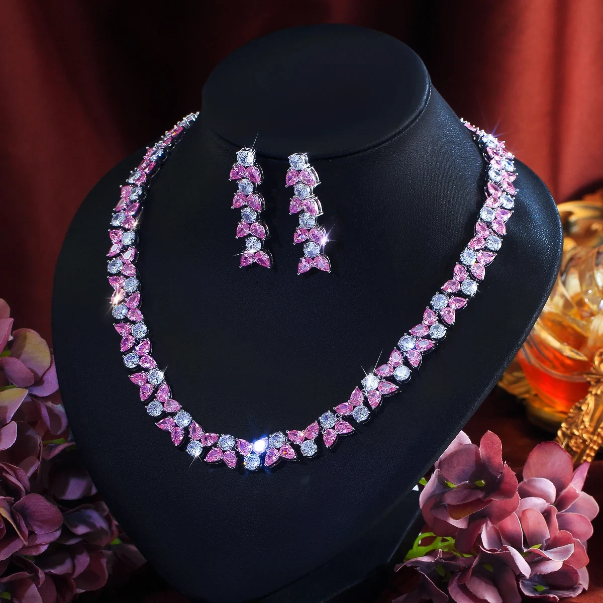 2-Piece Copper Jewelry Set Sweet Pink Cubic Zirconia Necklace Earrings Set Suitable For Women's Wedding/Engagement Occasions