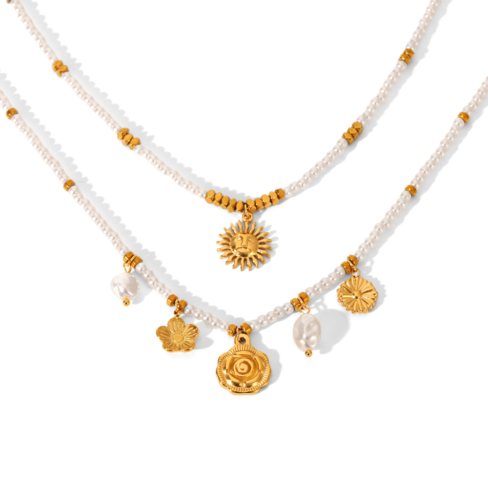 Jewelry Pearl Chain 304 Stainless Steel Sunflower Pendant Necklace For Women High-End Accessories Fashionable Necklace Vacuum Electroplated 18K Gold Plated INS Style Elegant Beaded Lobster Clasp