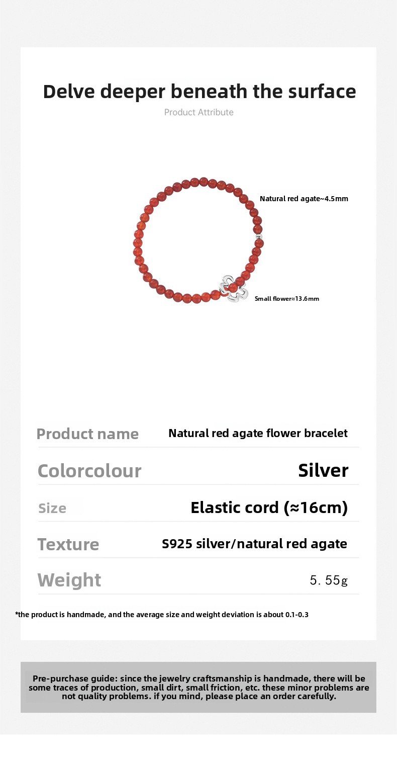 925 Sterling Silver Silver Handmade Red Agate Flower Bracelet Bohemian Elastic Cord New Year Natural Accessories