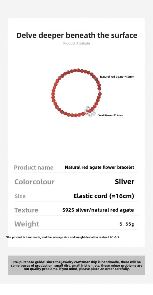 925 Sterling Silver Silver Handmade Red Agate Flower Bracelet Bohemian Elastic Cord New Year Natural Accessories