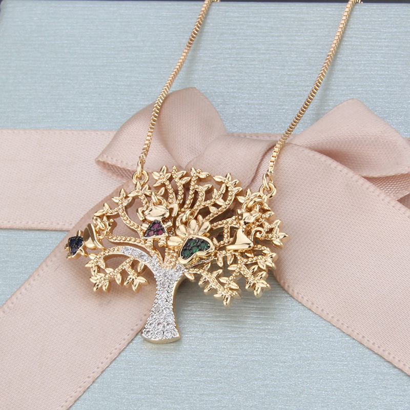 New Fashion Champagne Gold Big Tree Pendant Copper Micro Inlay Zircon Tree Necklace Wholesale