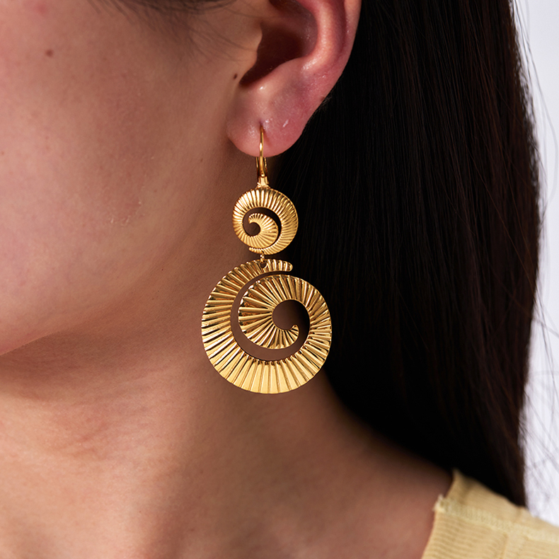 PVD Coated Real Gold Plated 18K Gold Spiral Stripe 201 Stainless Steel Classical Bohemian British Style Waterproof Non Tarnish Drop Earrings