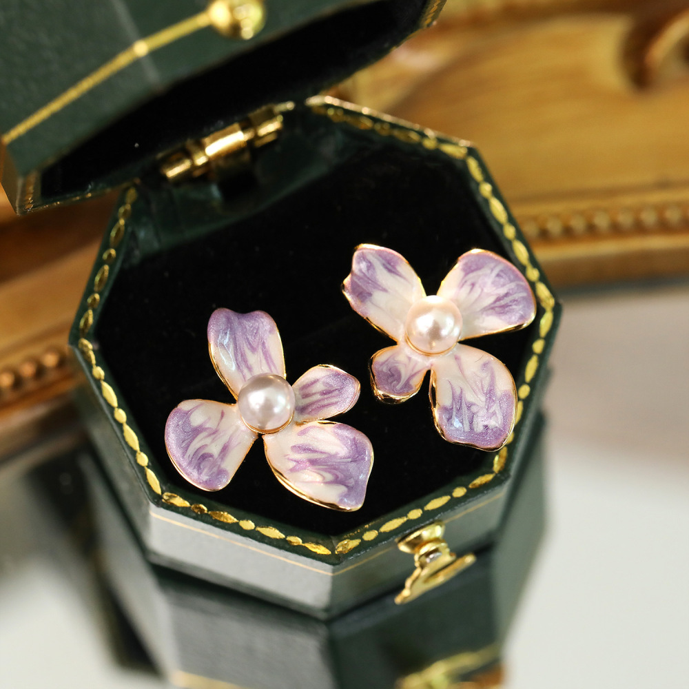 Retro Bohemian Pearl Earrings Painted Frame Enamel Color Floral Design Fashionable Luxury Artistic Women's Jewelry Accessories