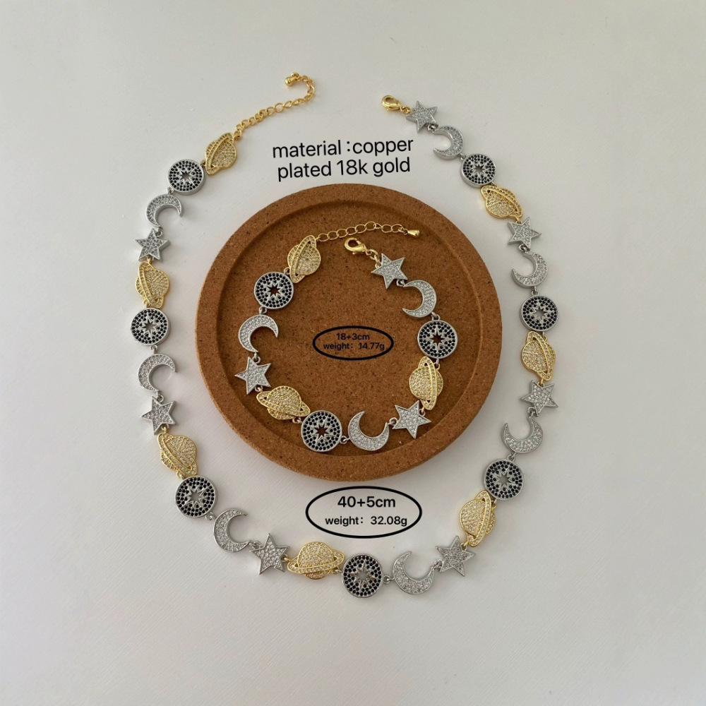 Retro Alloy Full Diamond Connected Stars Moons Planets Bracelet Necklace Women Simple Style Copper Jewelry Accessories