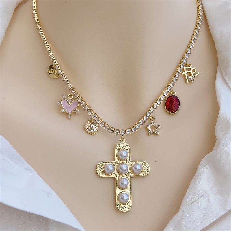 18K Gold Plated Handmade Double Pendant Cross Multi Pendant Necklace Classic Simple Style Daily Wear Gift Copper Pendant Lobster Clasp