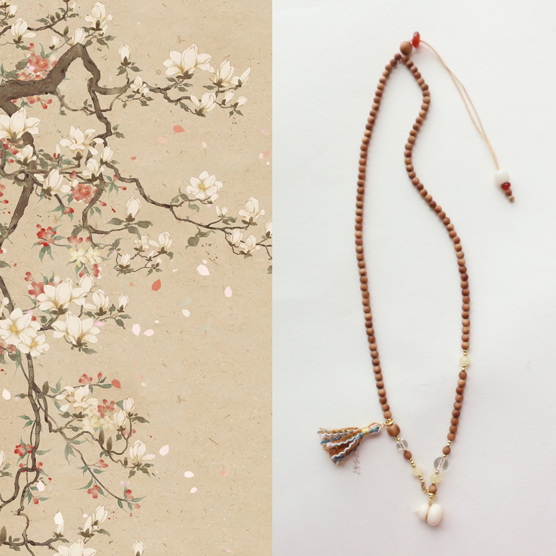 New Chinese Style Long Necklace With White Crystal Camel Bone Ivory Gourd Sandalwood Accessories Drawstring Design For Cheongsam