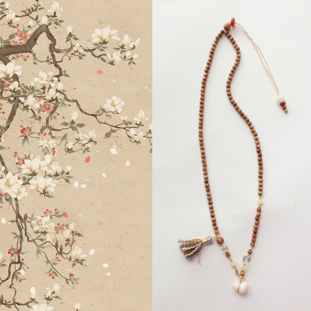 New Chinese Style Long Necklace With White Crystal Camel Bone Ivory Gourd Sandalwood Accessories Drawstring Design For Cheongsam