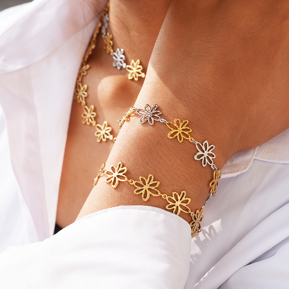 18K Gold Plated 304 Stainless Steel Vacuum Electroplating (In Furnace) Vintage Floral Waterproof Non-Fading Asymmetric Three-Dimensional Handmade Chain Women's Bracelet Jewelry Accessories