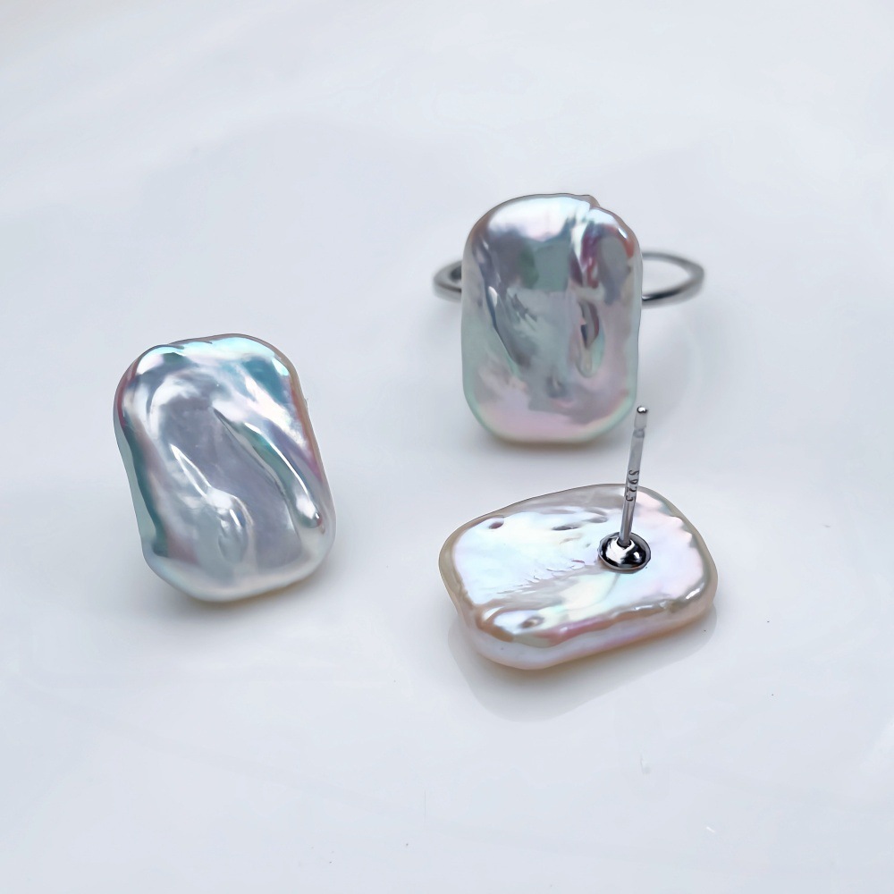 Baroque Style Pure Silver Earrings And Ring Set With Freshwater Pearl Square Design For Women Luxury Personality Jewelry Accessories
