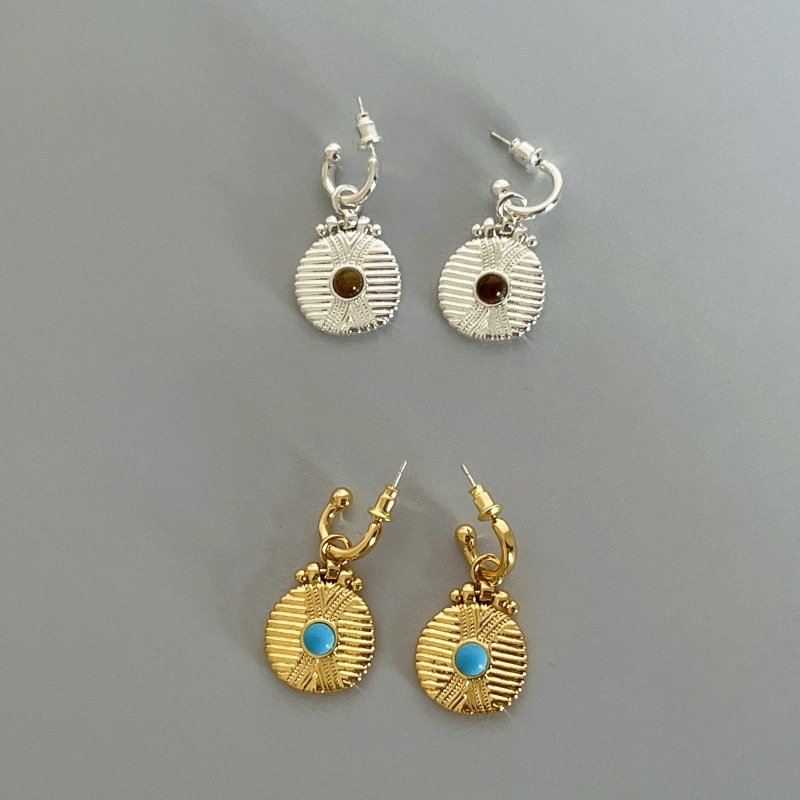 Retro Geometric Totem Green Turquoise Tiger Eye Gold Coin Earrings Women's High-End Feelings Ear Jewelry Fashion Accessories