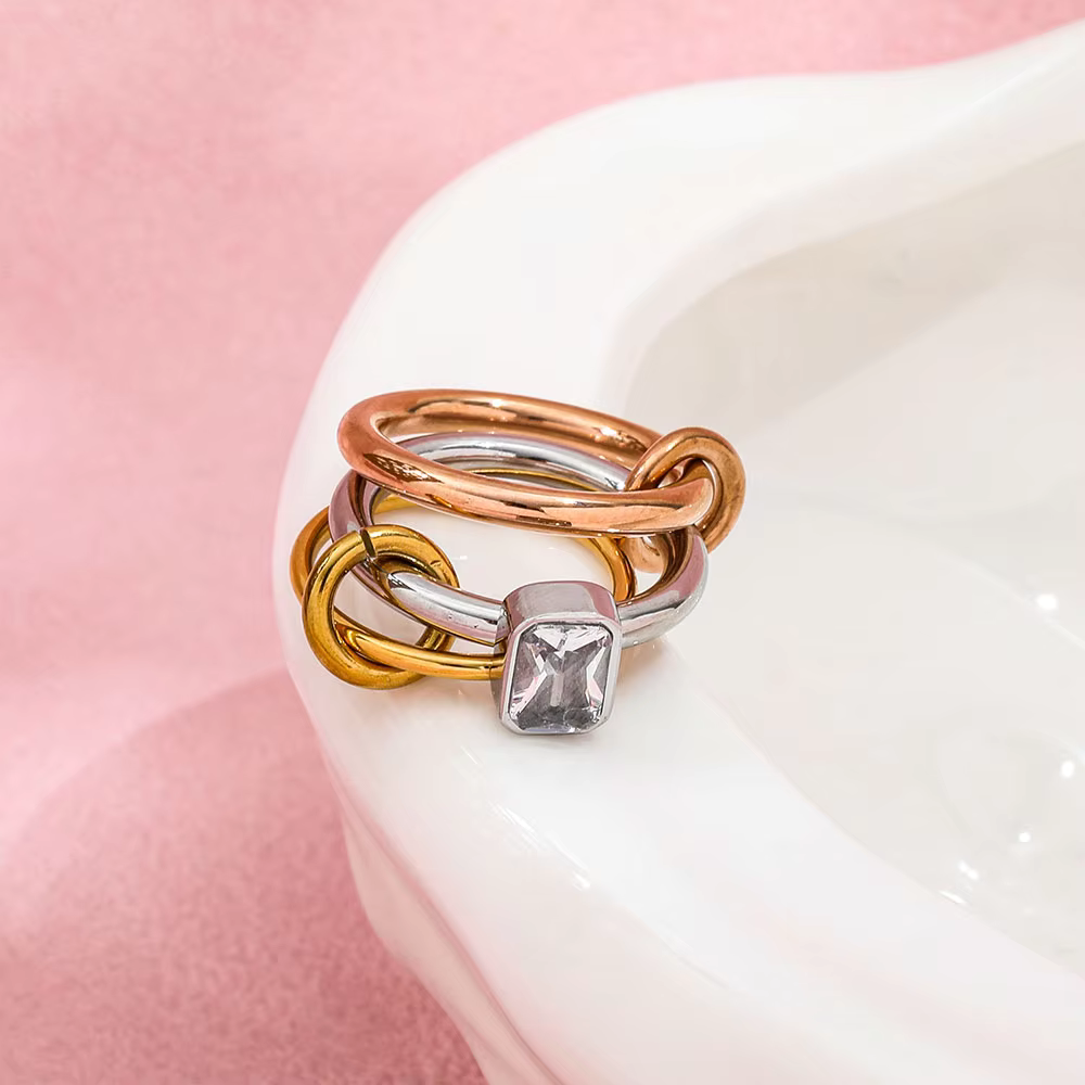 Fashionable Three-Color Three-Ring Zircon 304 Stainless Steel 18K Gold Plated Geometric Vacuum Electroplated Waterproof Non-Fading Ring