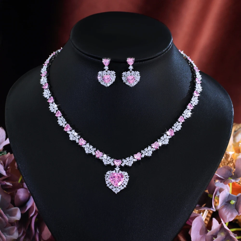 2-Piece Copper Jewelry Set Luxurious Romantic Pink Cubic Zirconia Heart Pendant Necklace Earrings Set Women's Wedding Party Banquet Jewelry