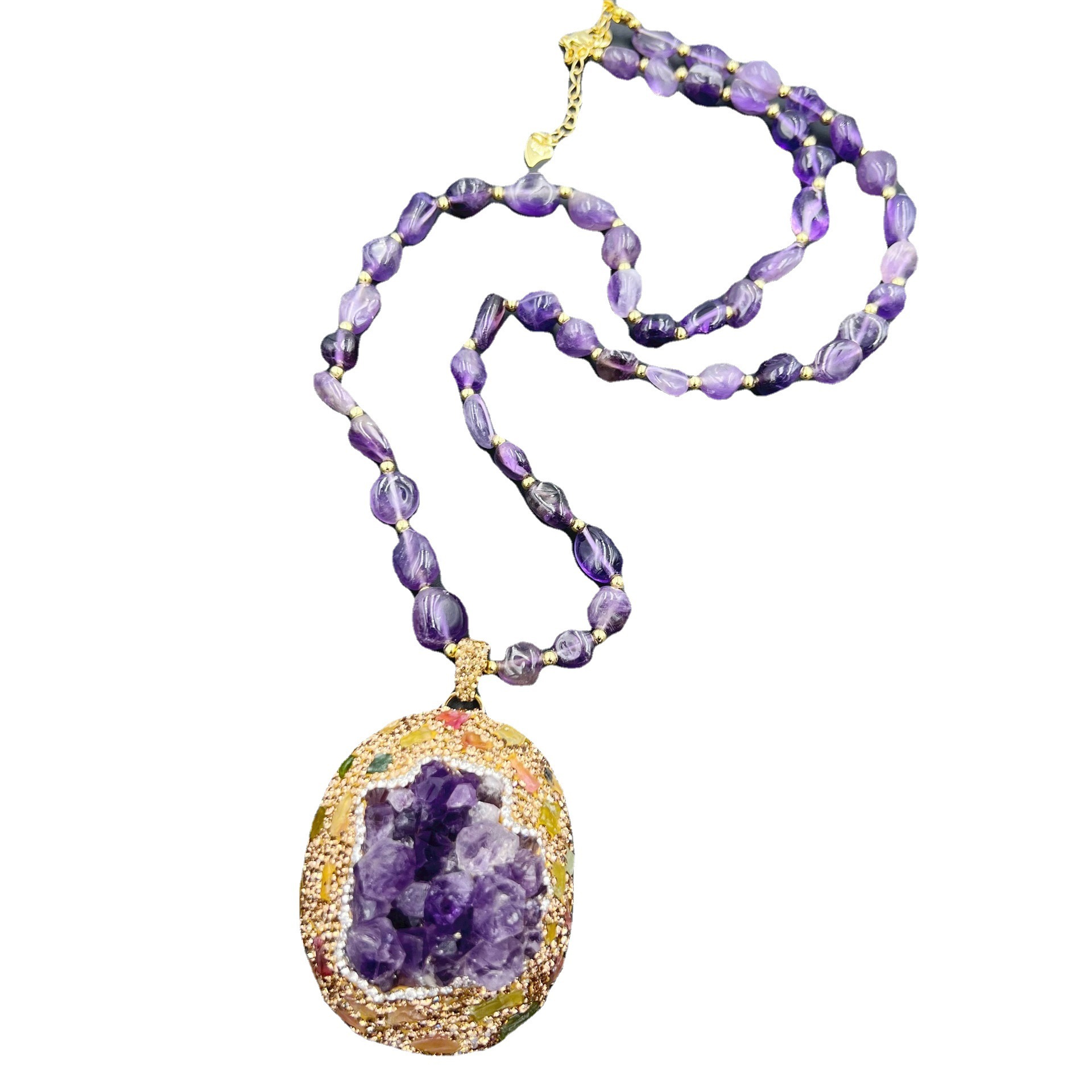 Original Design Uruguayan Quartz Crystal Raw Stone Necklace Fashionable Color Retention Sweater Chain Unique Personality Accessory