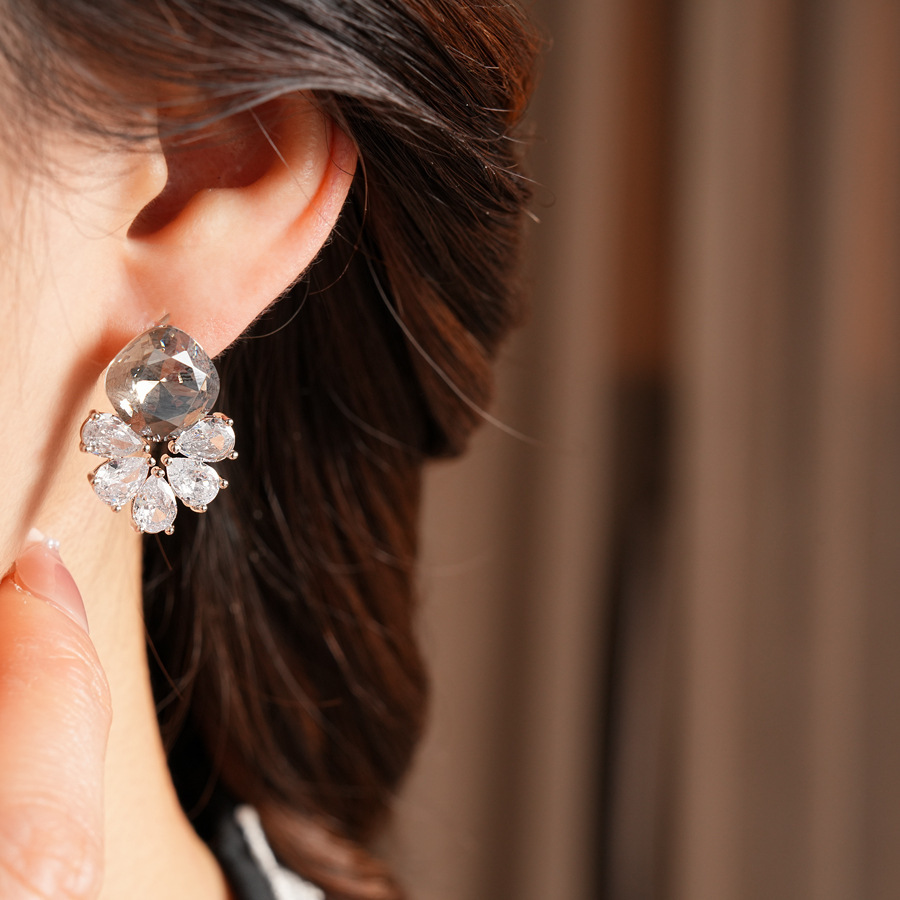 Silver Zircon Flower Water Drop Earrings Simple Iron Post Women's Jewelry Accessories