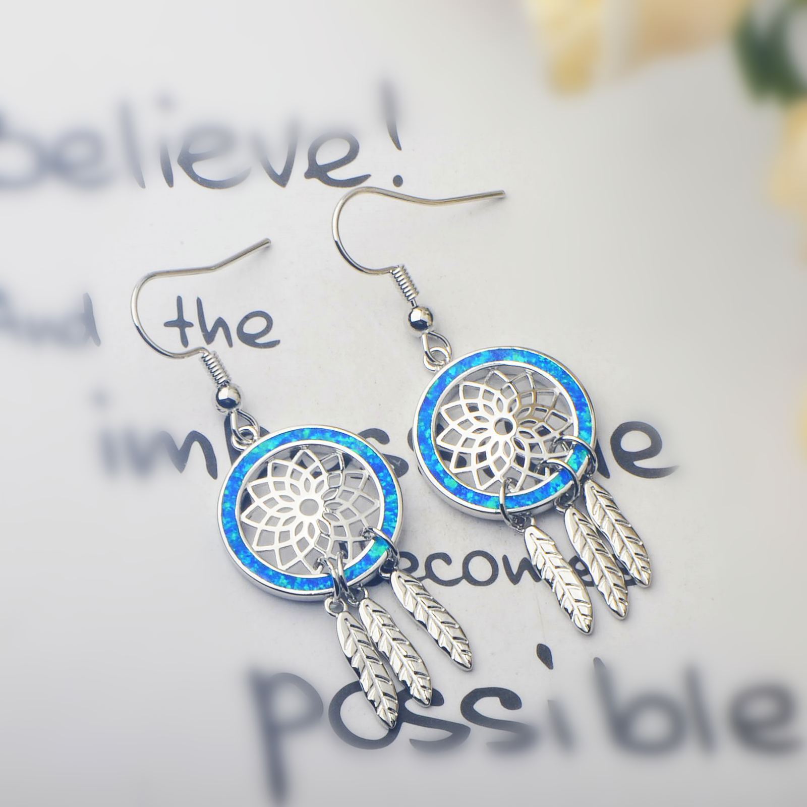Oceanic Dream Weaving Opal Earrings Beach Girl Sweet Style Geometric Pattern Copper Jewelry Accessories