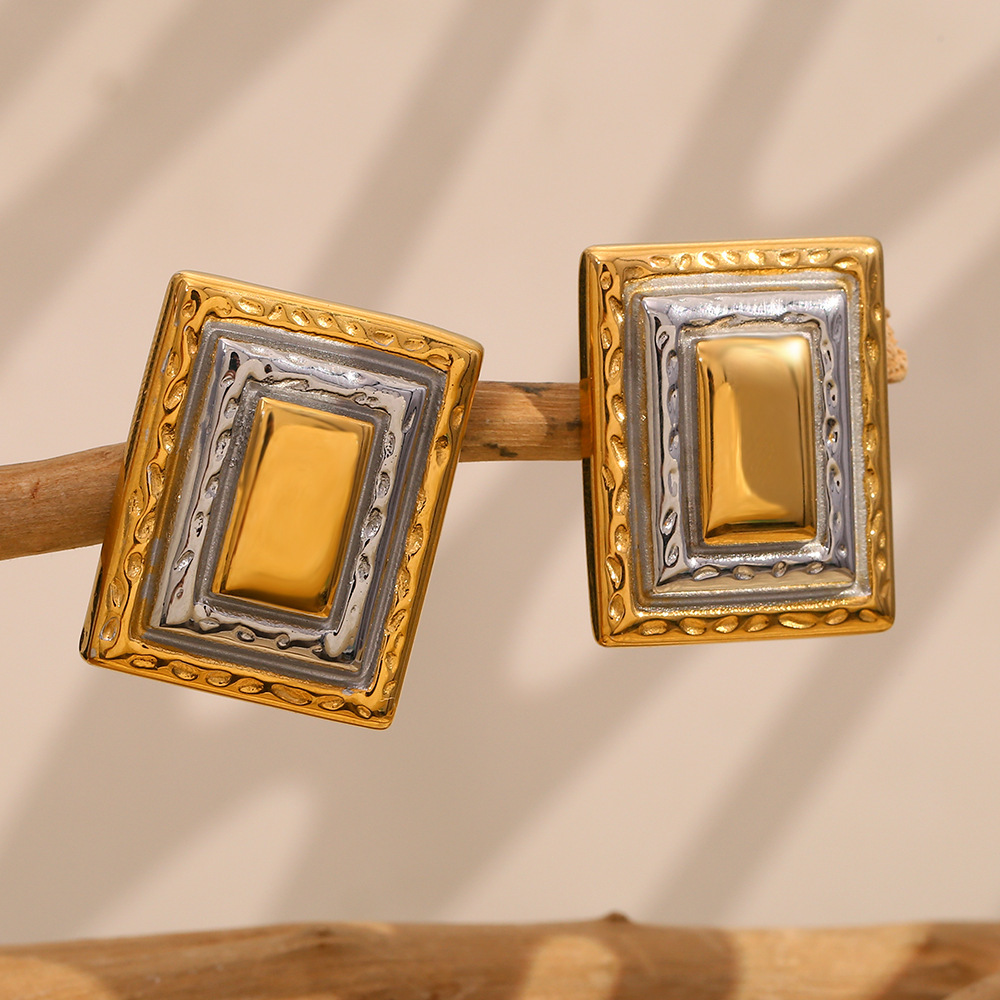 PVD Coated Real Gold Plated Rectangle 304 Stainless Steel Vintage Style Waterproof Non Tarnish Ear Studs