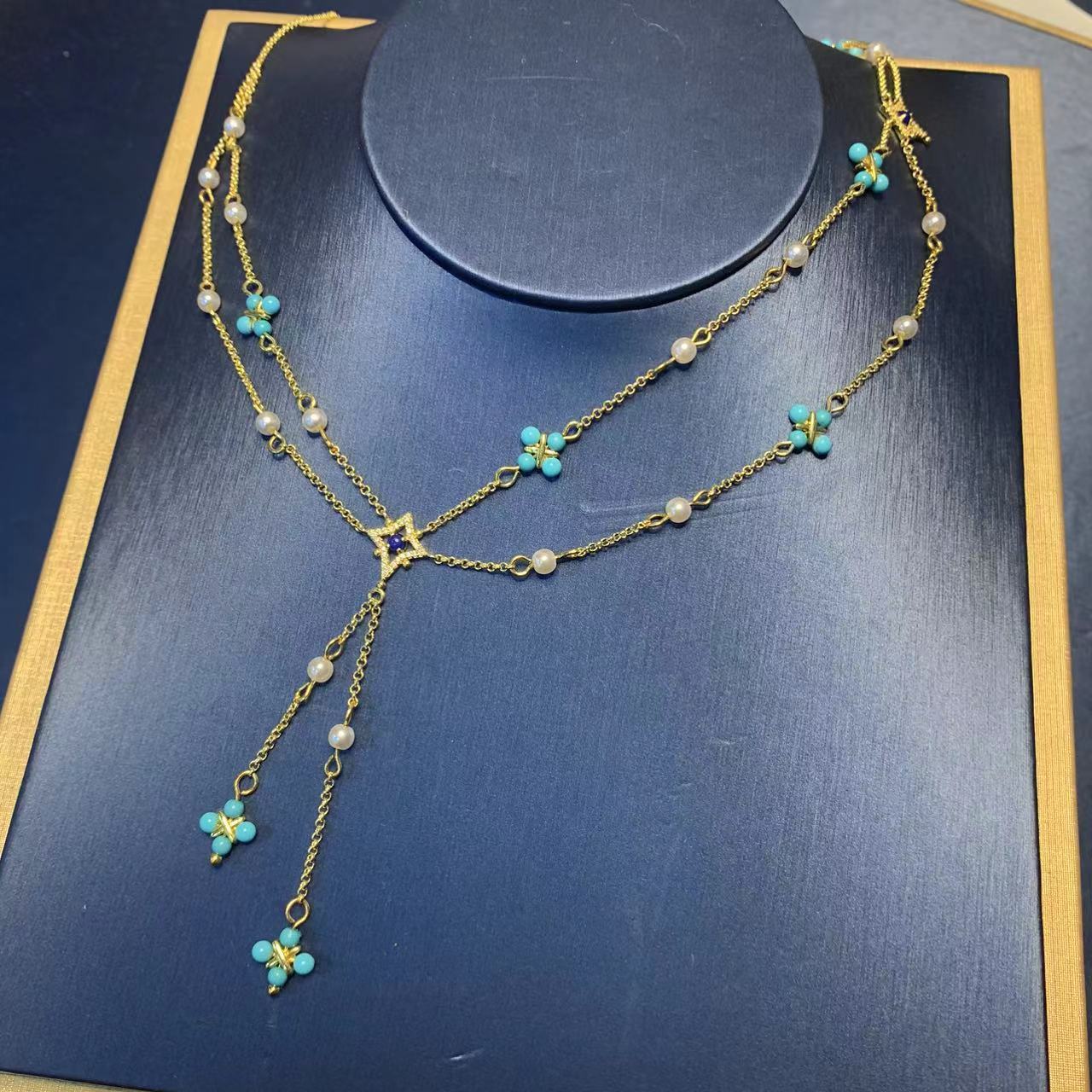 Elegant Green Turquoise Pearl Necklace For Women With Four Leaf Clover Tassel Clavicle Chain Simple Geometric Design Jewelry