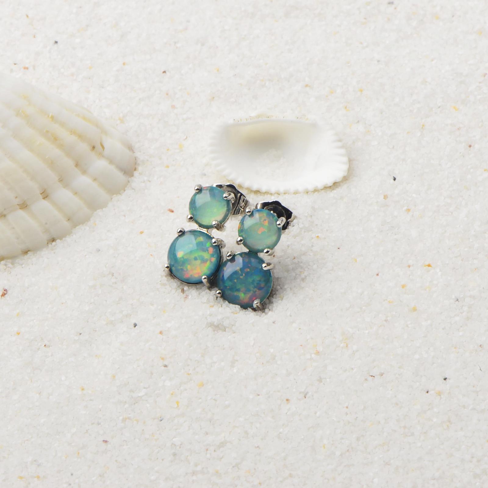Cute Girl's Blue Opal Round Earrings Bohemian Style Flower Print Copper Jewelry Simple Craftsmanship Elegant Fashion Accessories