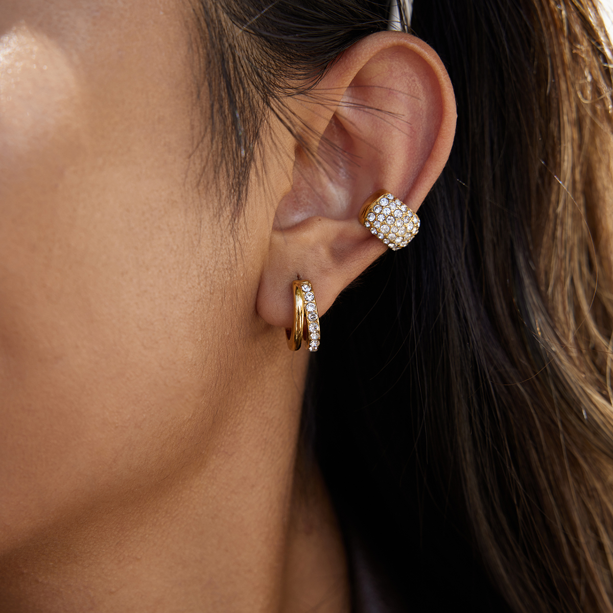Women's Classic Style 18K Gold Stainless Steel + Zircon White Zircon Double Layer Hollow C Hoop Earrings Pair