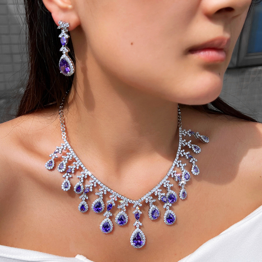 Luxurious Purple Zircon Copper Jewelry Set Necklace And Earrings Wedding Dress Accessories For Women Suitable For Weddings Or Banquets