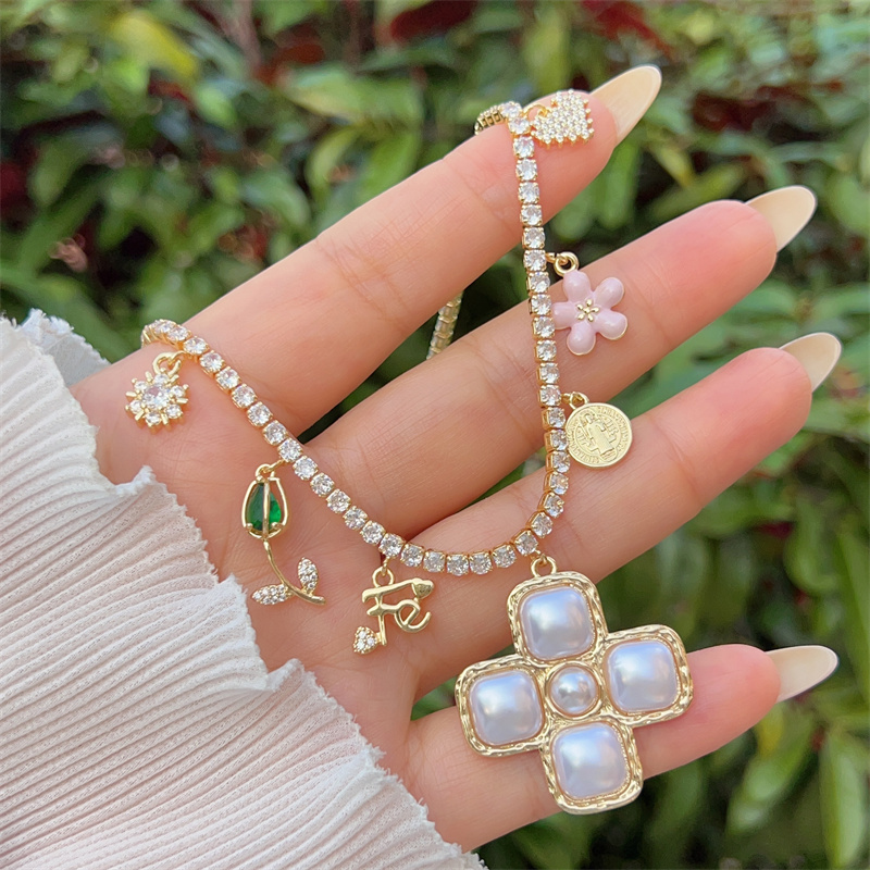 18K Gold Plated Handmade Double Pendant Cross Multi Pendant Necklace Classic Simple Style Daily Wear Gift Copper Pendant Lobster Clasp