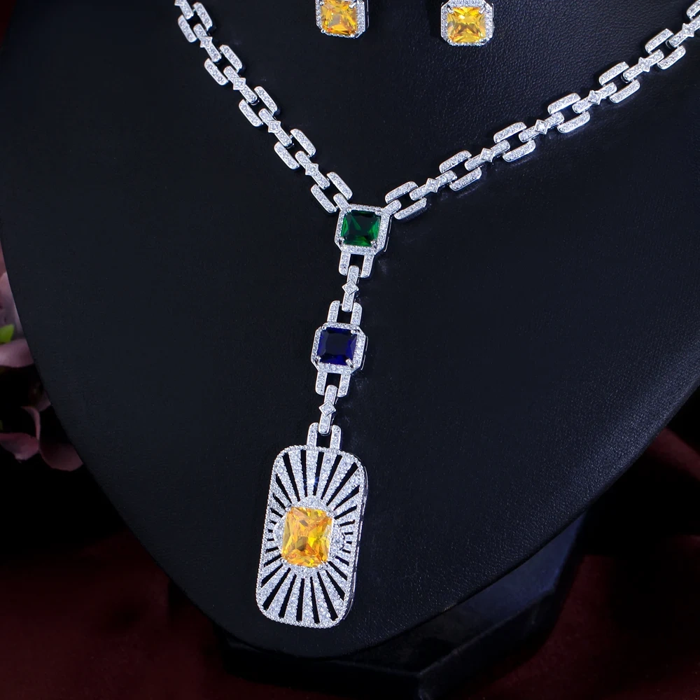 Copper Jewelry Two-Piece Set Women's Fashion Wedding Party Jewelry Luxurious Cubic Zirconia Cuban Link Long Bar Pendant Necklace Earrings Set