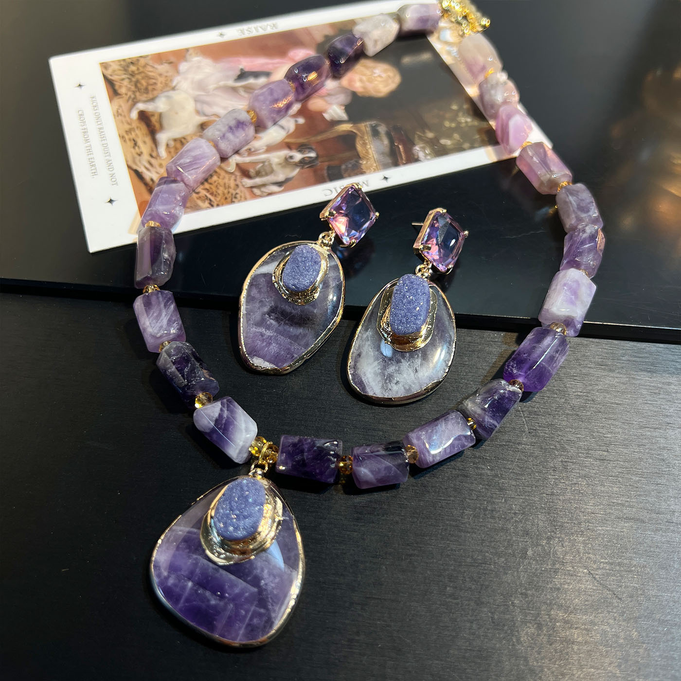 Natural Amethyst Raw Stone Necklace Earrings Set Vintage Fashion Teeth Ring Women Pearl Inlaid Jewelry Accessories