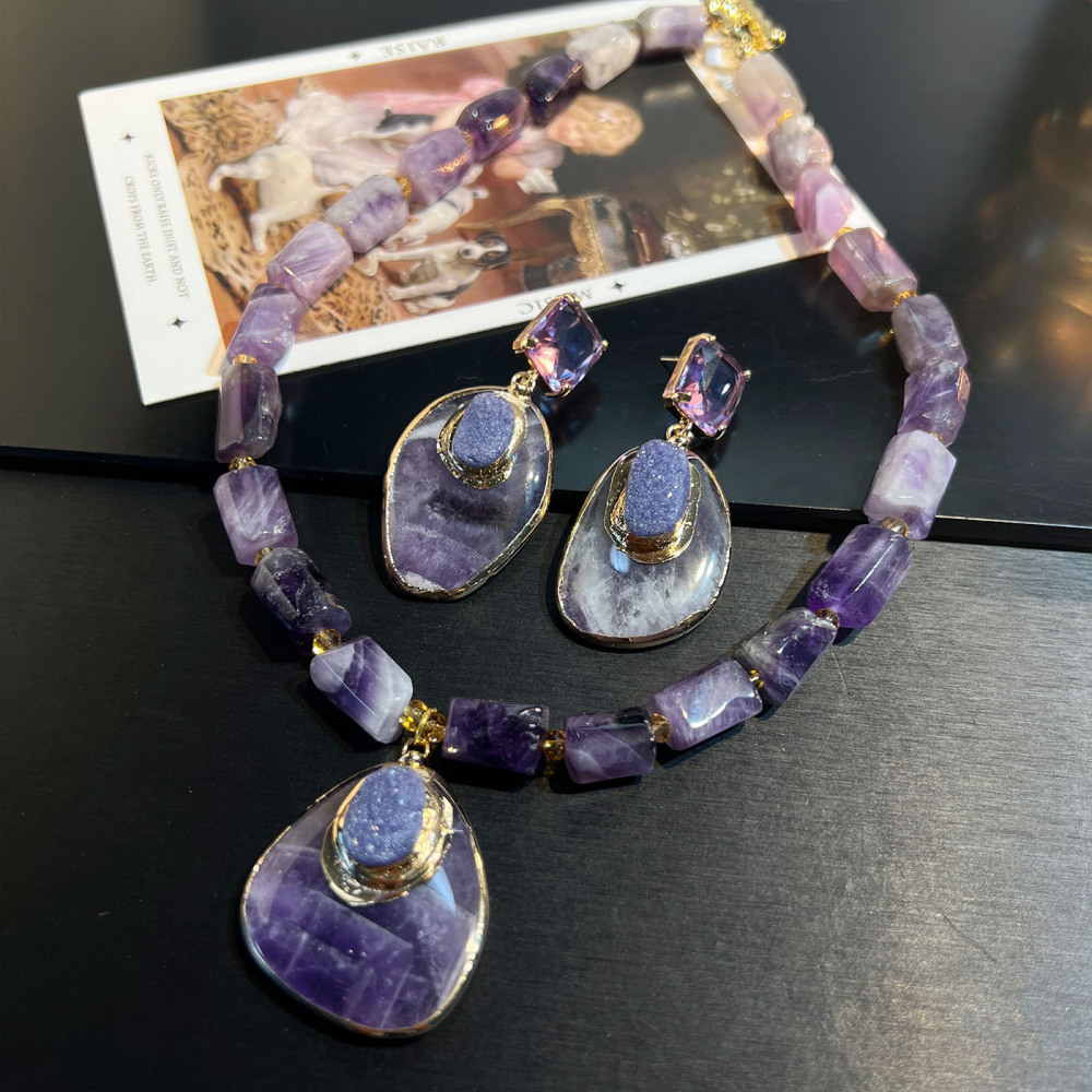 Natural Amethyst Raw Stone Necklace Earrings Set Vintage Fashion Teeth Ring Women Pearl Inlaid Jewelry Accessories